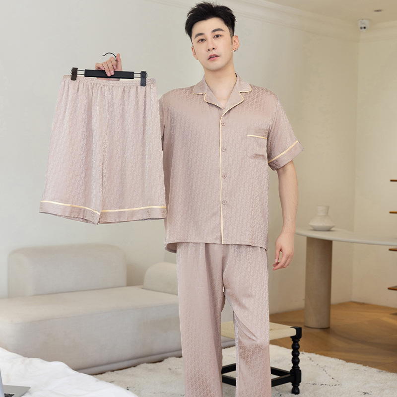 Ice and Snow Silk Pajamas Men's Spring and Summer Lightweight Breathable Simulated Silk Satin Short-Sleeved Youth Casual Home Clothes Three-Piece Set