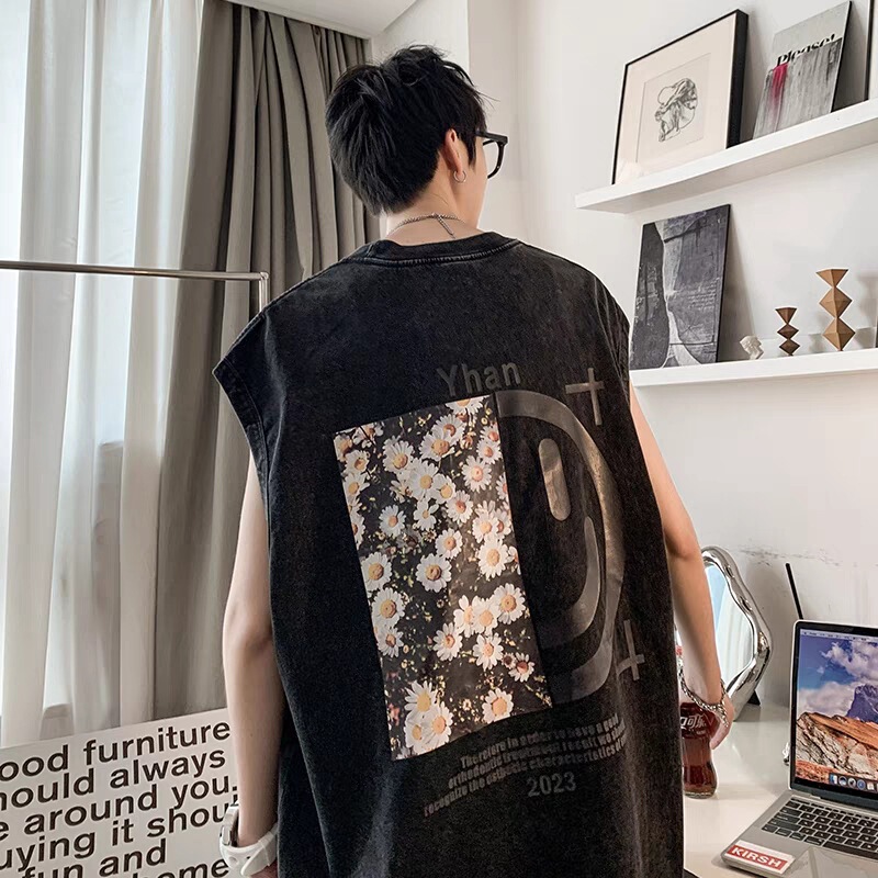 Summer Printed Ins Trendy High Street Casual Waistcoat Men's Retro Loose Youth Washed Sleeveless Black T-shirt