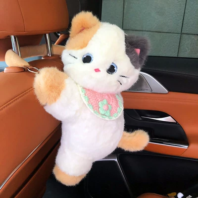 Car tissue box/set, Cute Plush Toy Car Interior - pink-lily-of-the-valley-scarf-calico-cat-tissue-box