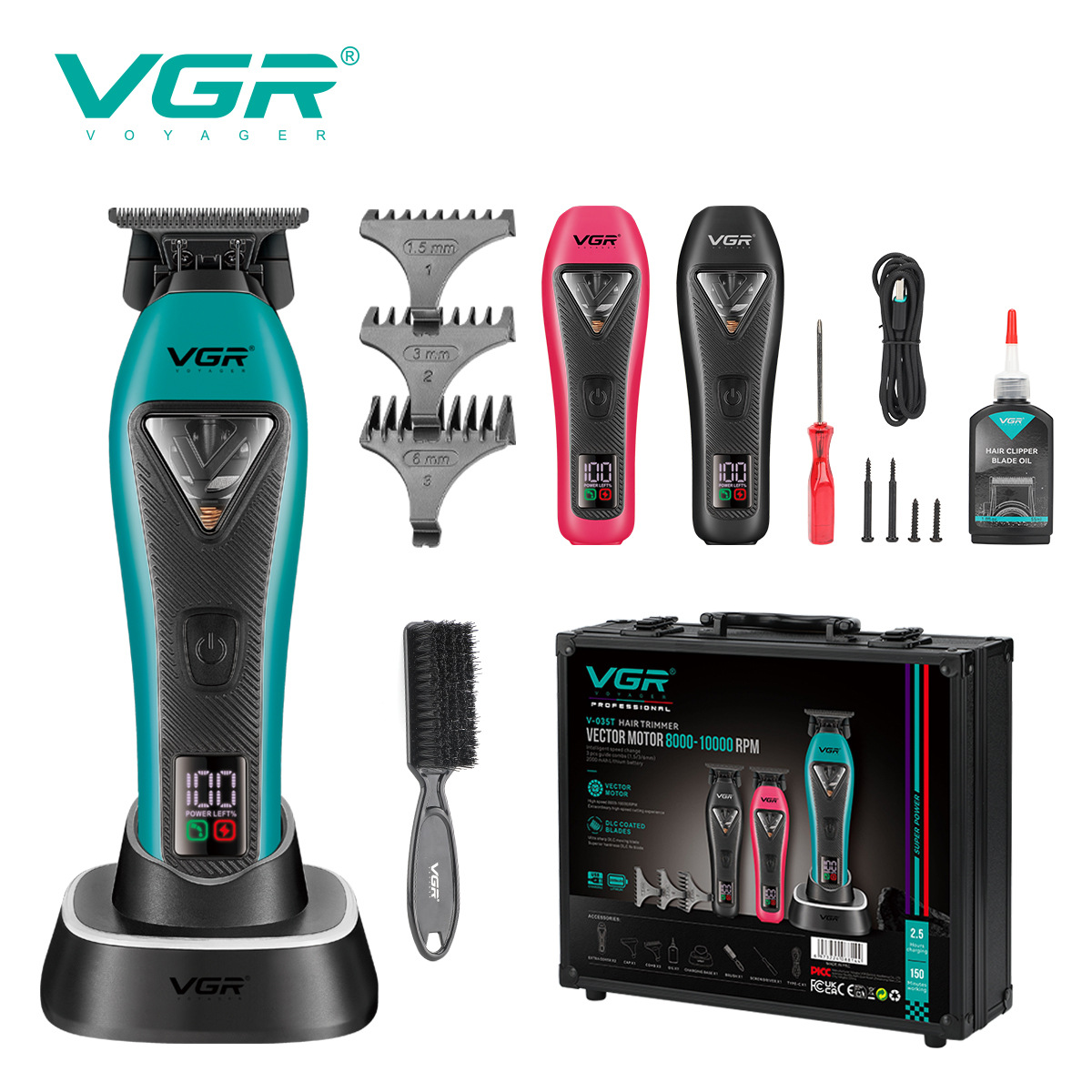 VGR035T跨境新款专业数显电推子高速雕刻剪手提箱底座款理发器