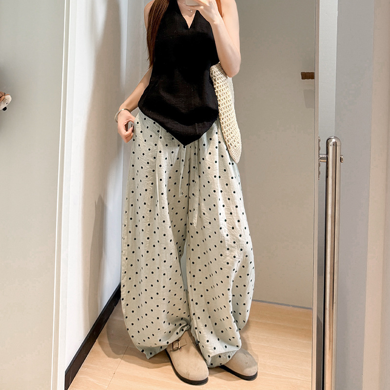 Polka Dot Print Casual Linen Pants for Women Summer Thin Large Size High Waist Loose Slimming Elastic Waist Wide Leg Scimitar Pants