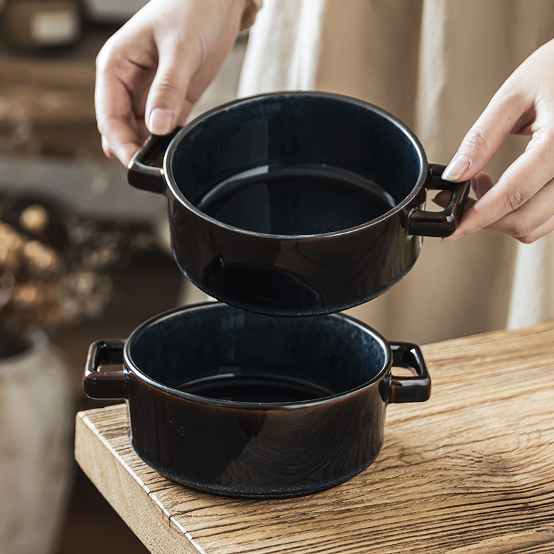 Retro hielo agrietado esmalte cerámico dos oídos tazón tazón de frutas tazón de restaurante tazón de platos cubiertos tazón de bocadillos redondo tazón de fideos