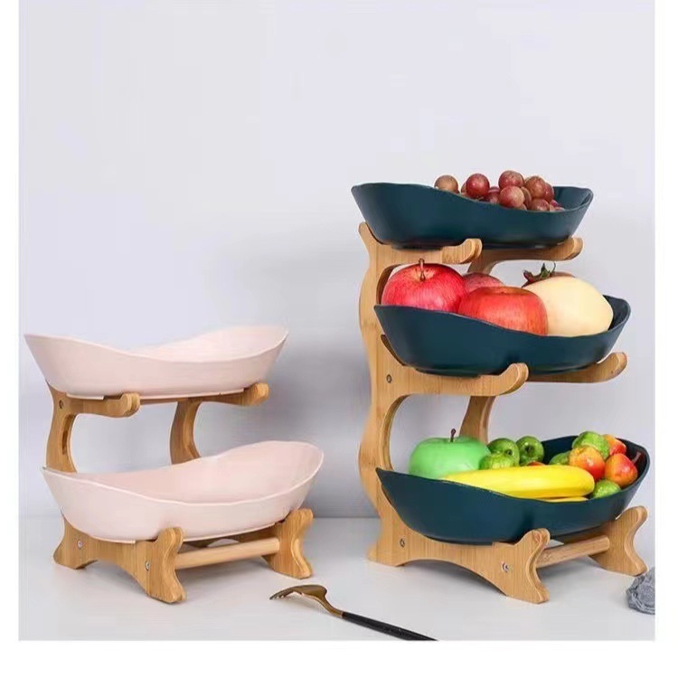 Plato de frutas creativo de tres capas y multicapa Plato de frutas secas de cerámica europea Plato de bambú y madera Plato de bocadillos para el hogar Bandeja de dulces Cesta de frutas