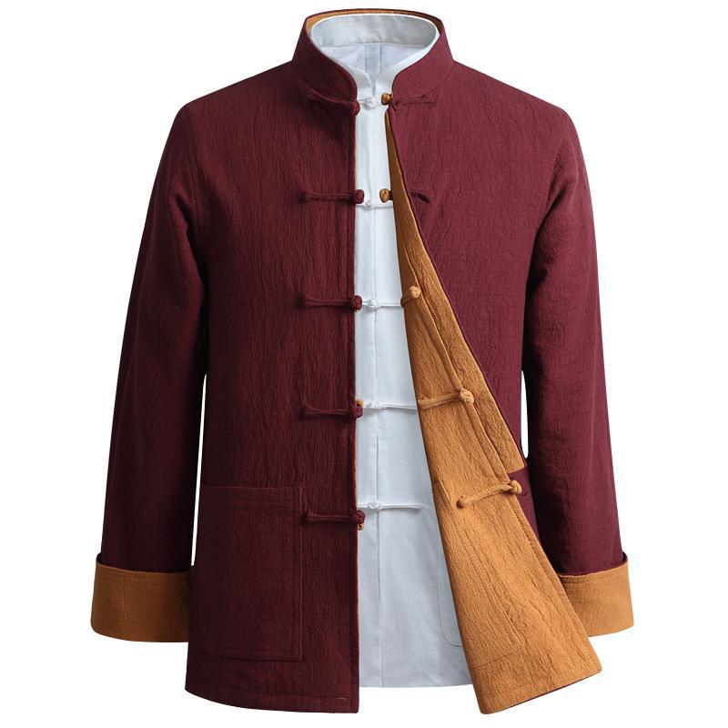 福2019秋季亚麻中老年唐装男外套中国风秋装爸爸装双面穿棉麻外套