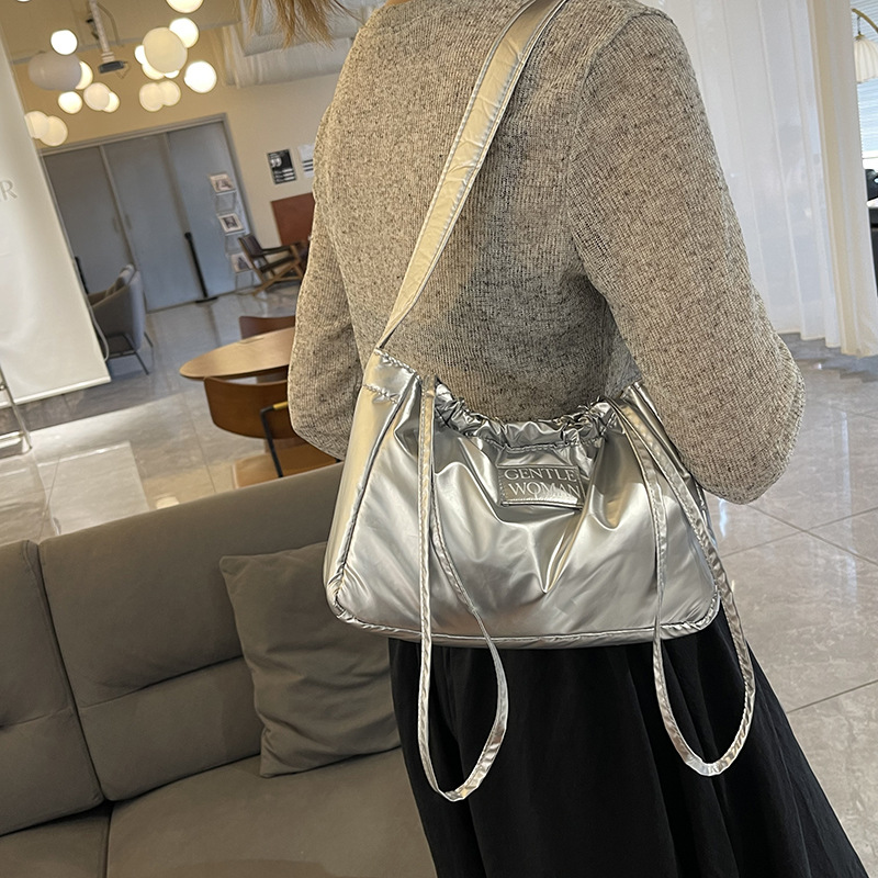 Candy colored new letter printed drawstring shoulder niche design dumpling women's armpit bag_voghion.com