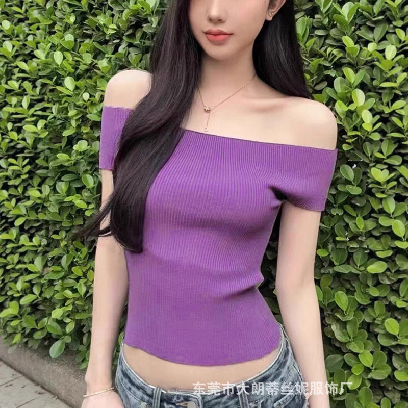 One-Line Collar Short-Sleeved T-Shirt for Women Summer 2025 New Pure Lusty Sweet Sexy Tight Short Off-Shoulder Knitted Top