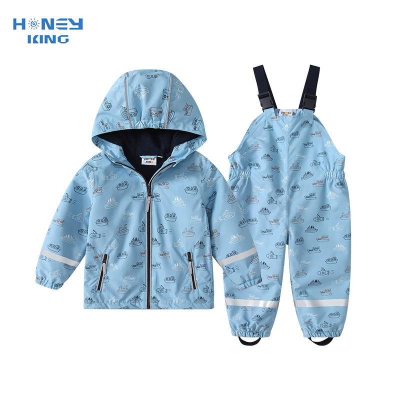 Blue Boat-Shaped Jacket Set for Babies, Outdoor Waterproof Breathable Raincoat and Rain Pants Set