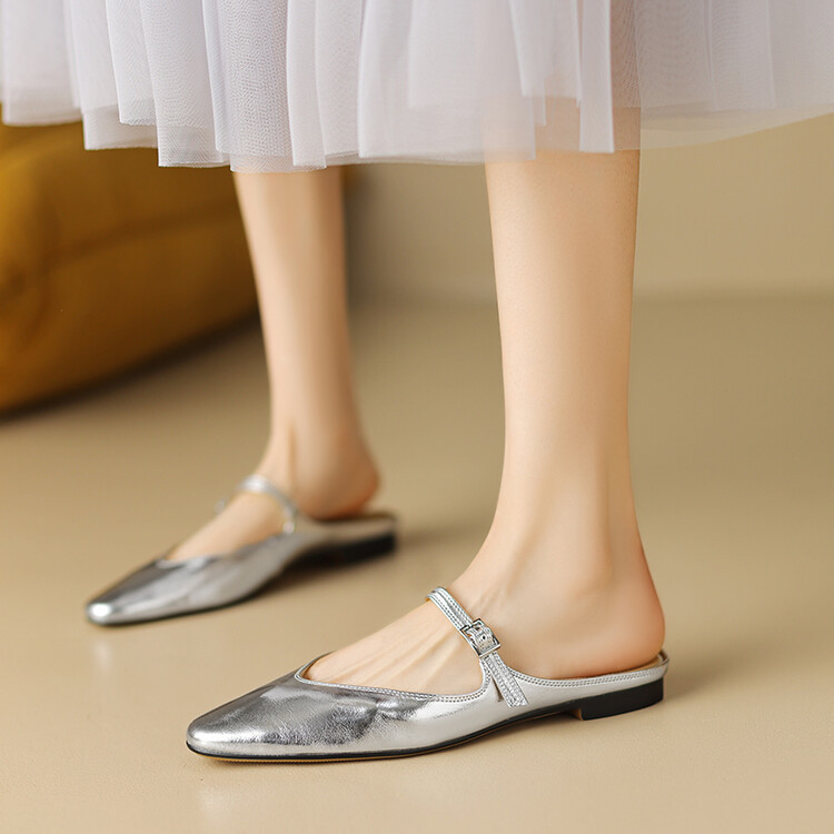 Covered Toe Half Slippers Women's Summer Silver Elegant Cowhide Pointed Mueller Shoes Gold Outer Wear Matching Dress