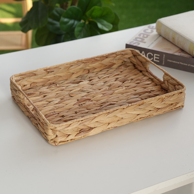 Amazon venta caliente cuadrada de paja plato de bocadillos calabaza de agua de paja trenzada mesa de mesa bandeja de fruta mesa