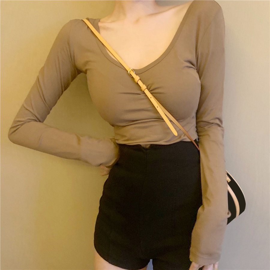 Otoño 2023 nueva sexy Camiseta de manga larga sin espalda de las mujeres de diseño versátil sentido U-cuello color sólido superior chica caliente camisa de fondo
