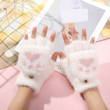 新款毛绒手套可爱猫爪熊掌保暖半指翻盖针织加绒加厚韩版手套批发
