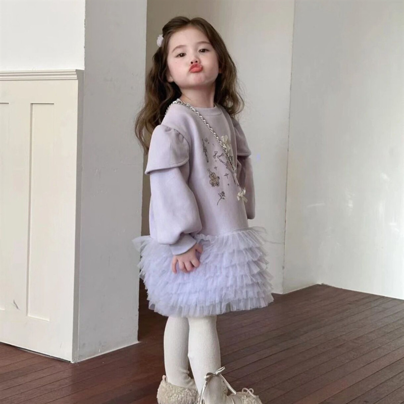 ¡El ballet morado! Niñas coreanas de dibujos animados de encaje de malla camiseta de lana