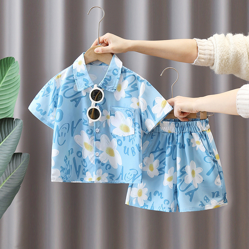 7113 Traje de ropa de playa para niños Camisa de flores de manga corta de verano Pantalones cortos Ropa de verano de vacaciones para niños Traje de dos piezas Red Red Tide