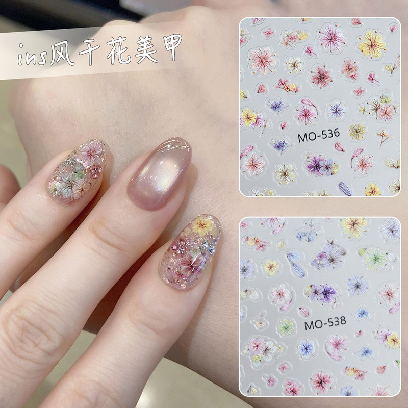 Ins Wind Dried Flower Nail Art Sticker Gradient Sink Color Dried Flower Embossed Texture Texture Small Decal Glitter Flower