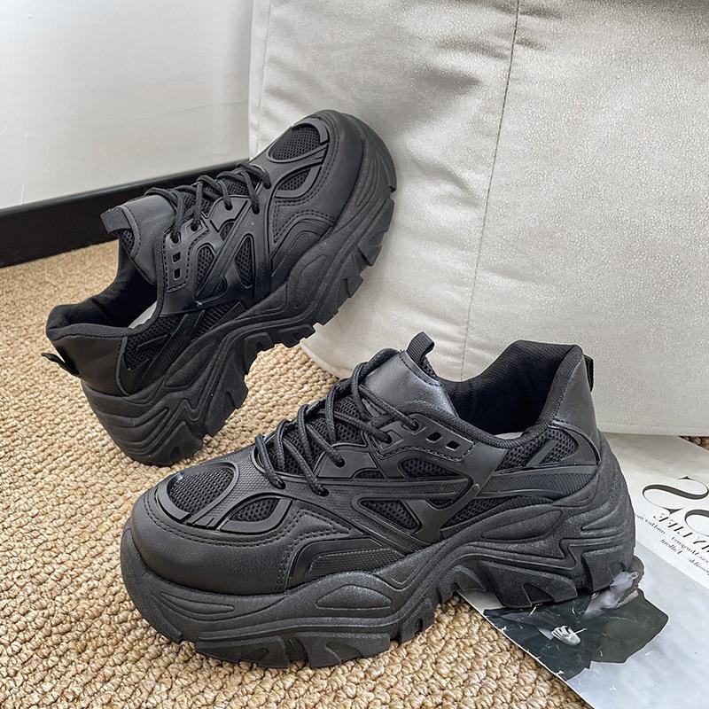 2023秋季新款厚底透气单里松糕老爹鞋运动跟小猫腿小白鞋女鞋