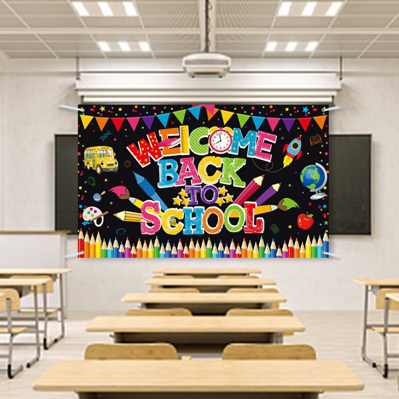 Nuevo fondo de decoración de regreso al campus, decoración de la temporada escolar de apertura, diseño de atmósfera, aula de pancartas, decoración colgante, fondo de tela