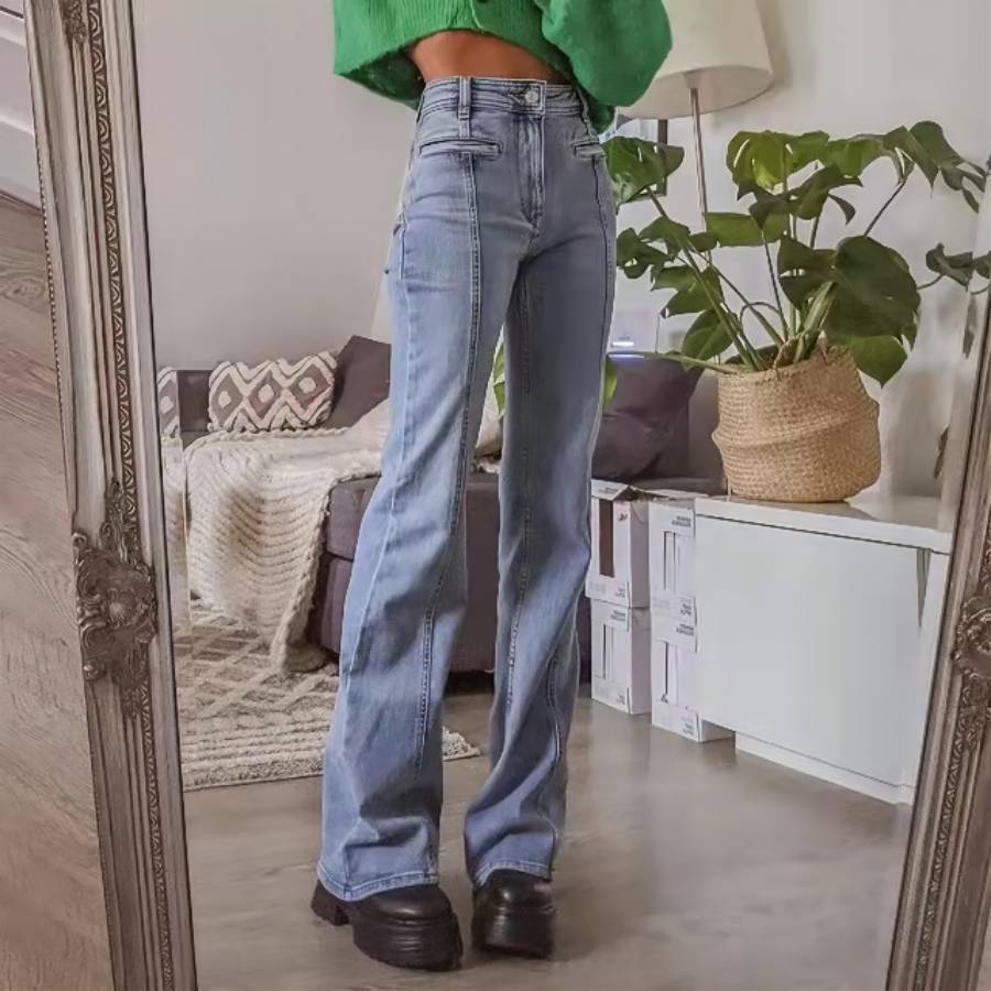 Pantalones vaqueros de corte bota para mujer, estilo retro, de cintura media, con cinco puntos en contraste en la espalda, para primavera y verano_voghion.com