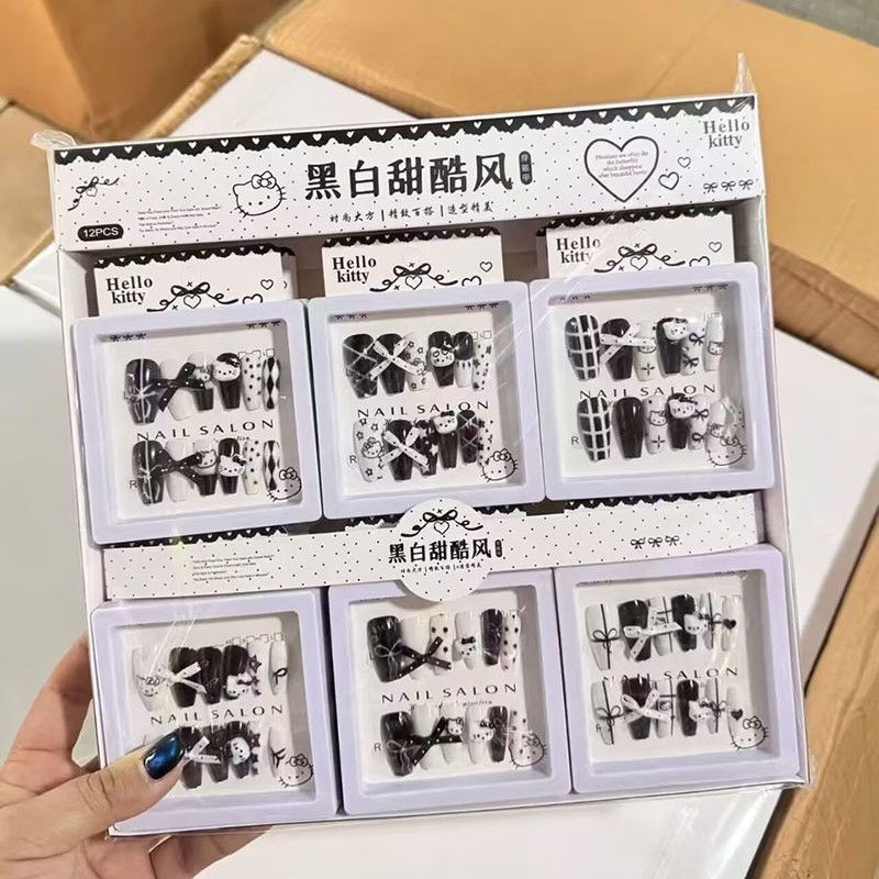 新款盒装黑白指甲贴卡通可爱立体美甲贴片少女心穿戴甲配果冻胶