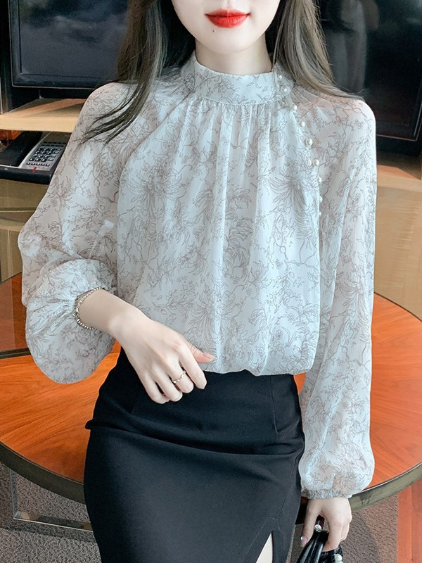 哥家商场同款女装2025秋季高级百搭感碎花雪纺衬衫高端立领上衣|undefined