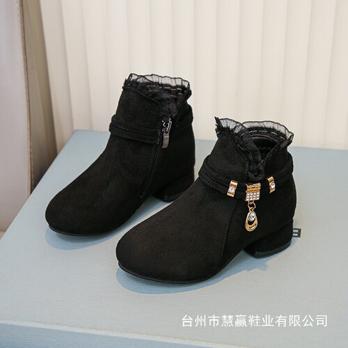 Children's Mid-Size New Girls Boots Knee-High Boots Black Single Boots Girl High Heel Lace Short Fall