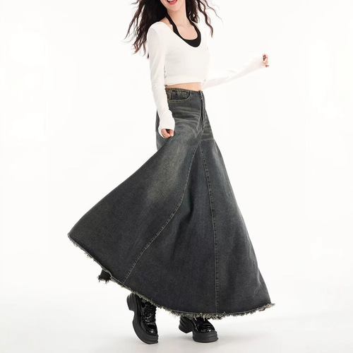 Glamorous Vintage American Style Denim Half-Body Skirt for Women - High-Waisted Slimming Medium-Length A-Line Hip-Hugging Fish-Tail Maxi Skirt