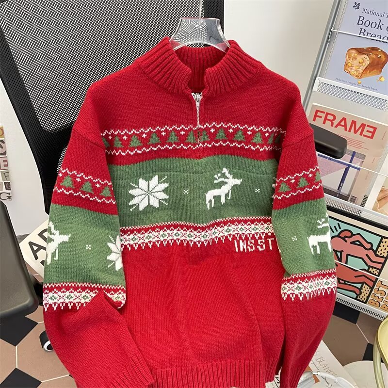 Jacquard de Navidad suelta camiseta de punto casual hombre otoño invierno relajado pareja de viento polo suéter de cuello de moda mujer