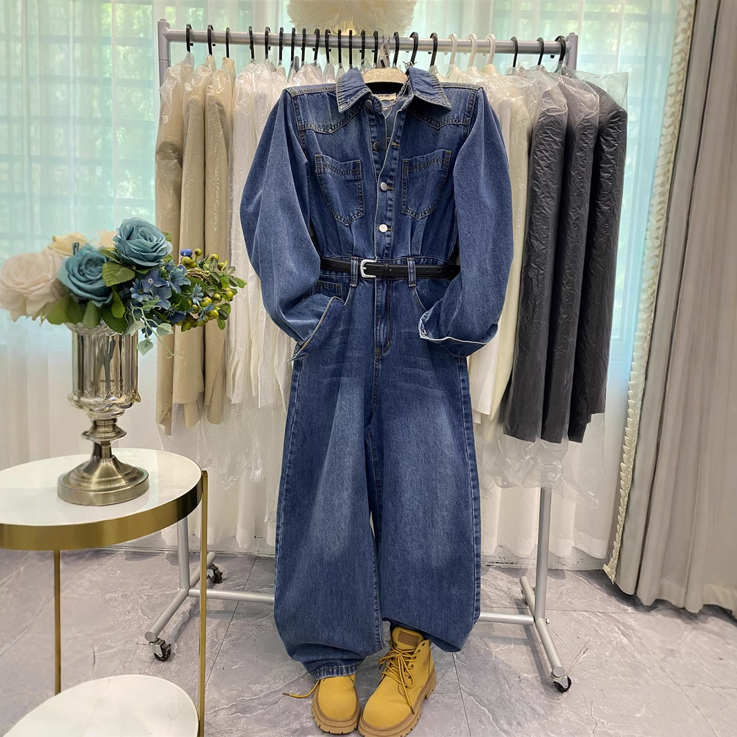 European Station Tooling Denim jumpsuit Women's Spring and Autumn High-end Temperament Long-sleeved jumpsuit Loose Slim-fit jumpsuit