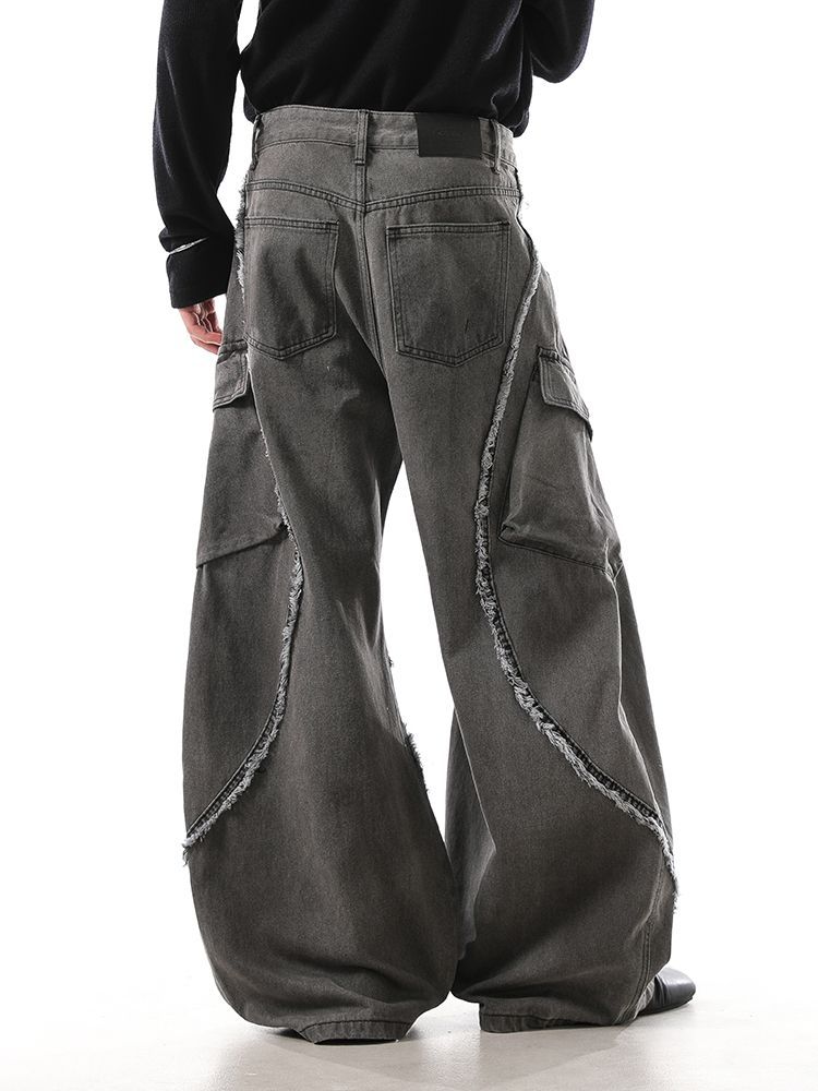 Retro americano bordes de cimetaje contorno jeans estilo de diseño de alta calle estereoscópico bolsillo grande pantalones casuales sueltos