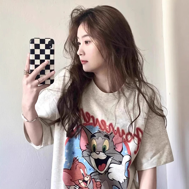 American Style Retro Pure Cotton Chic Design Sense Cartoon Tom and Jerry Round Neck T-Shirt Short Sleeve Loose Top Women Ins