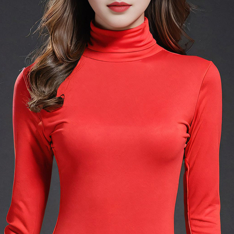 Casual Simple Women's High-Neck Long-Sleeve Top Red Solid Color Stacked Collar T-Shirt 2025 New Spring Base Shirt