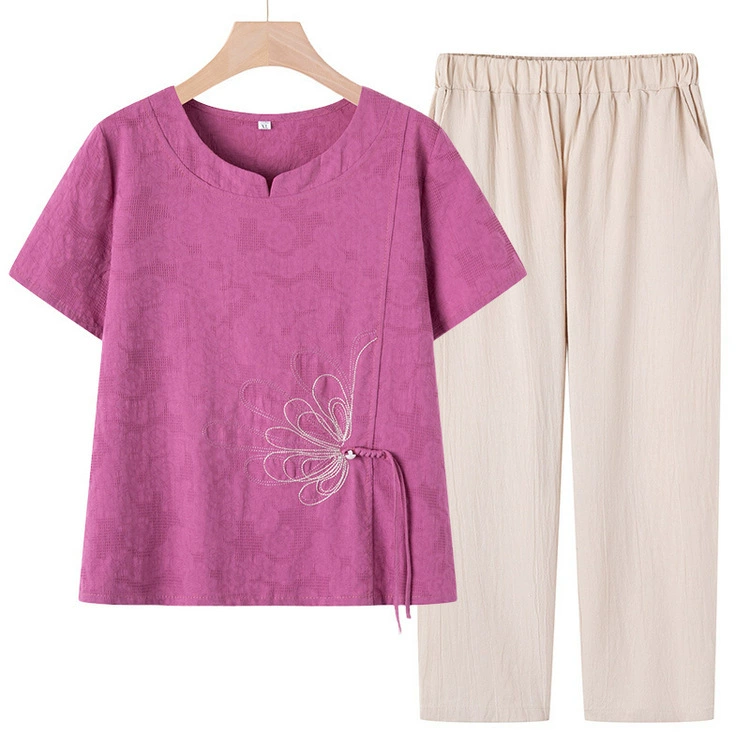 Среднего и пожилого возраста мама летняя рубашка с короткими рукавами для женщин 50 лет 60 бабушек хлопчатобумажная вышивка из двух частей повседневная летняя одежда