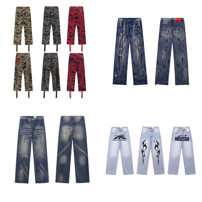 Cross-Border Hellstar European and American Street Fashion Camouflage Washed Printed Logo Jeans American Casual Men