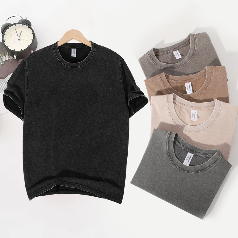 220g camiseta de manga corta lavada y desgastada transfronteriza de algodón con hombros caídos camisa de fondo oversize suelta camiseta retro top