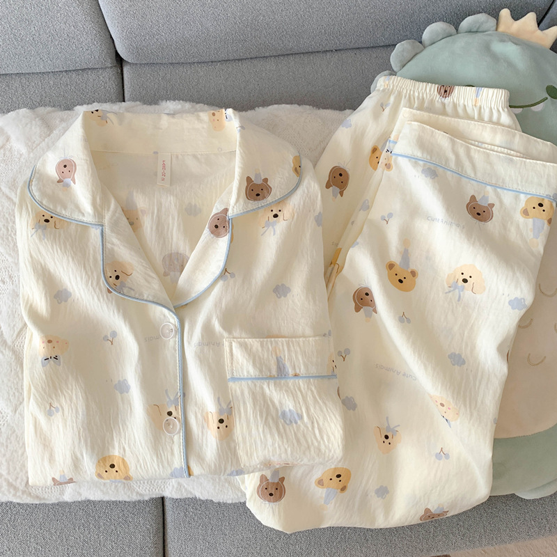 Cloud Pure Cotton Gauze Pajamas for Women, Long-Sleeved and Long-Pants Set, Spring and Autumn Style, Cute Puppy Girl Cardigan Loungewear for Summer Cloud Pure Cotton Gauze Pajamas for Women, Long-Sleeved and Long-Pants Set, Spring and Autumn Style, Cute Puppy Girl Cardigan Loungewear for Summer
