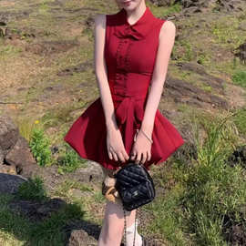 车厘子花夜红兔无袖衬衫系带花苞连衣裙夏季甜美新款收腰公主短裙