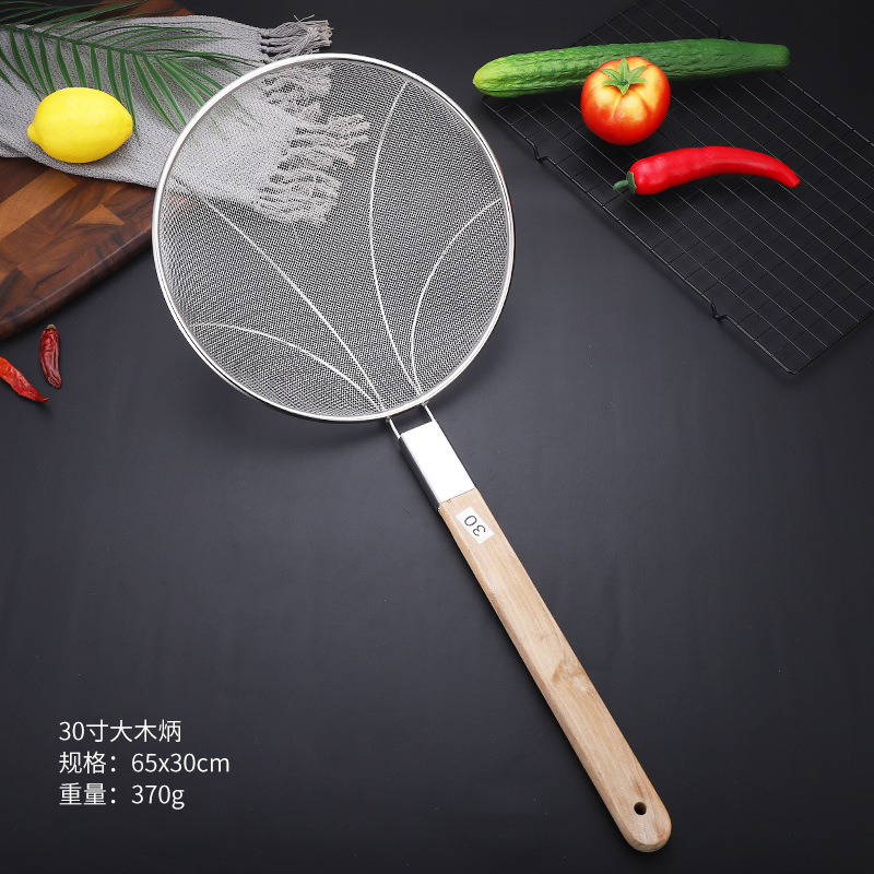 Mango de madera de acero inoxidable gran filtro de malla larga filtro de malla comercial de alimentos fritos tamizado olla caliente para pescar fideos cucharada grande