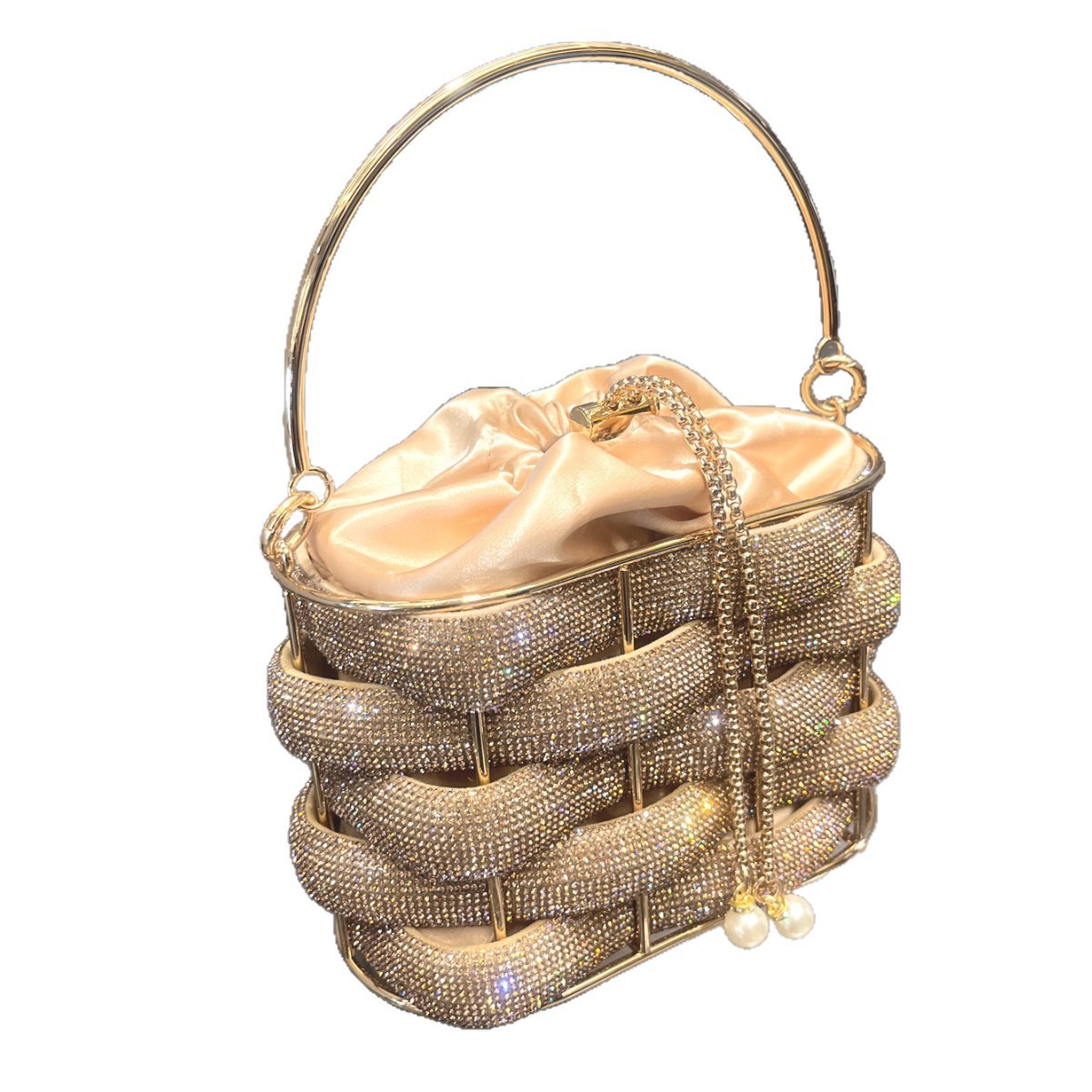Women's Heavy Metal Woven Birdcage Bucket Bag - Sparkling Diamond Party Clutch & Crossbody Bag - Thumbnail 5