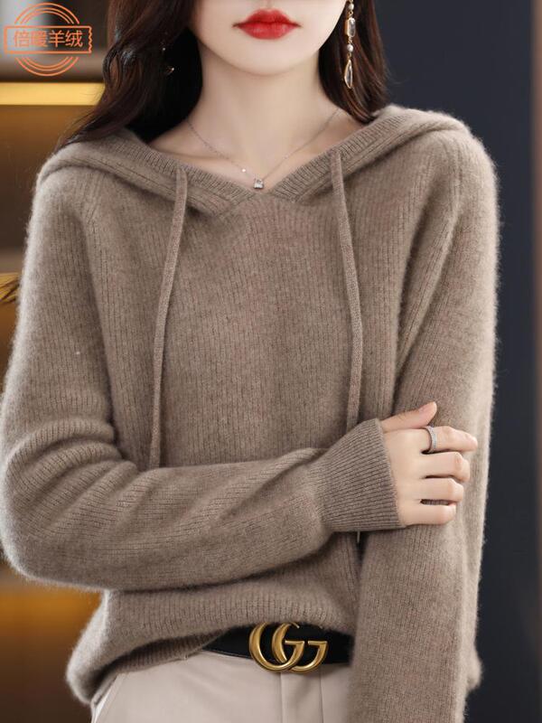 Yuanbao Needle Hooded 100 Pure Wool Sweater Women's Loose Casual Long-Sleeved Knitted Sweatshirt Lazy Style Pullover Sweater