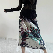 三宅复古气质半身裙女夏中长款屏开雀羽高腰显瘦百搭开衩半裙新款