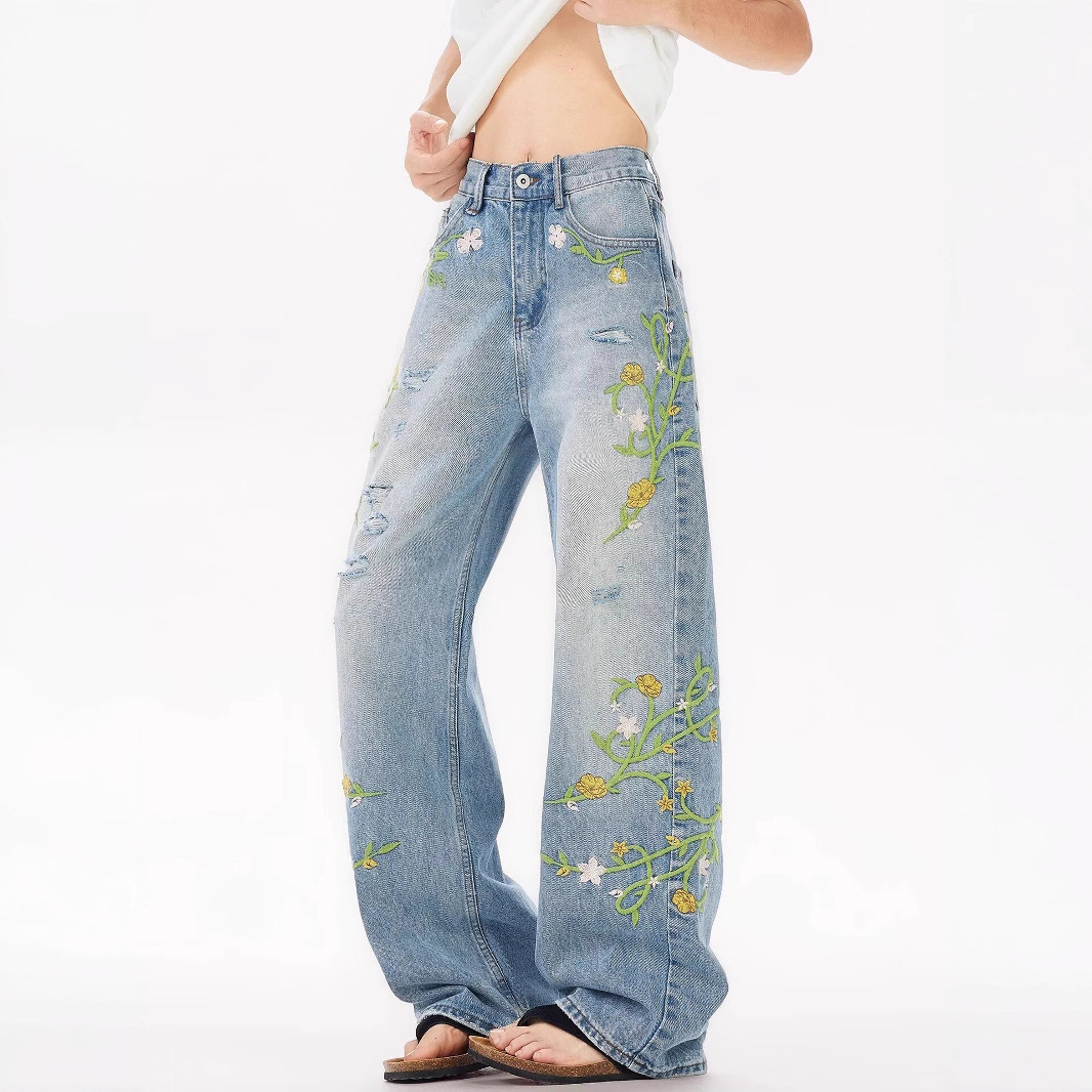 Nicho americano flor bordado jeans hombre verano 2025 nuevo estilo de moda recto delgado vibe pantalones largos