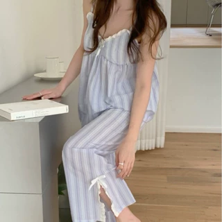 韩国ins女士夏季新品韩系少女减龄条纹吊带花边睡衣套装家居服女