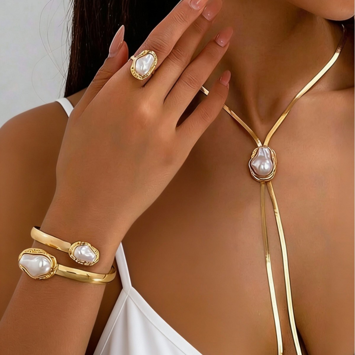 European and American cross-border women's jewelry set with geometric inlaid irregular pearl design, necklace, versatile bracelet, and open ring.