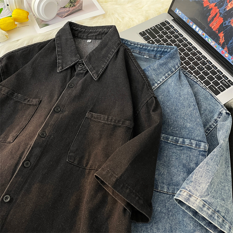 Summer Denim shirt short sleeve men's Japanese style street loose student fashion brand bf All-match hip hop half sleeve shirt clothes