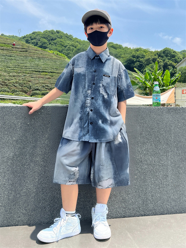 男の子の夏模造デニムアイスシルクスーツ薄い 2025 新しい夏クールスタイルシャツ半袖ショーツトレンディ|undefined