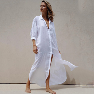 European and American Men's Cotton Loose Shirt Long Cardigan Bikini Swimwear Sunscreen Blouse Vacation Beach Jacket for Women