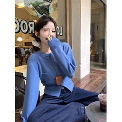 韩系蓝色毛衣开衫女早秋设计感小众收腰系带针织外套圆领短款上衣