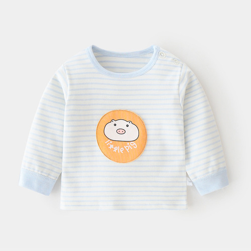 Baby pure cotton single top autumn clothes striped boys and girls spring and autumn baby underwear bottoming shirt children's clothing shoulder open T-shirt