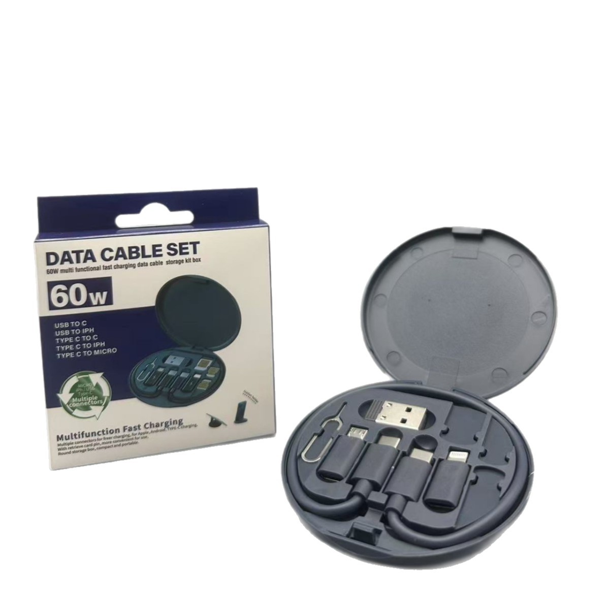 Caja de almacenamiento de cable de datos multifuncional portátil, cable de datos, carga rápida de 60W, fruta plana. Android. USB. Cinco en uno