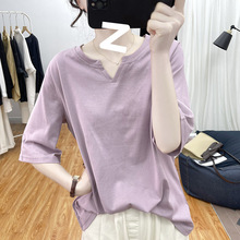 纯棉设计感小V领宽松短袖T恤女时尚减龄上衣2025新款港风复古体恤