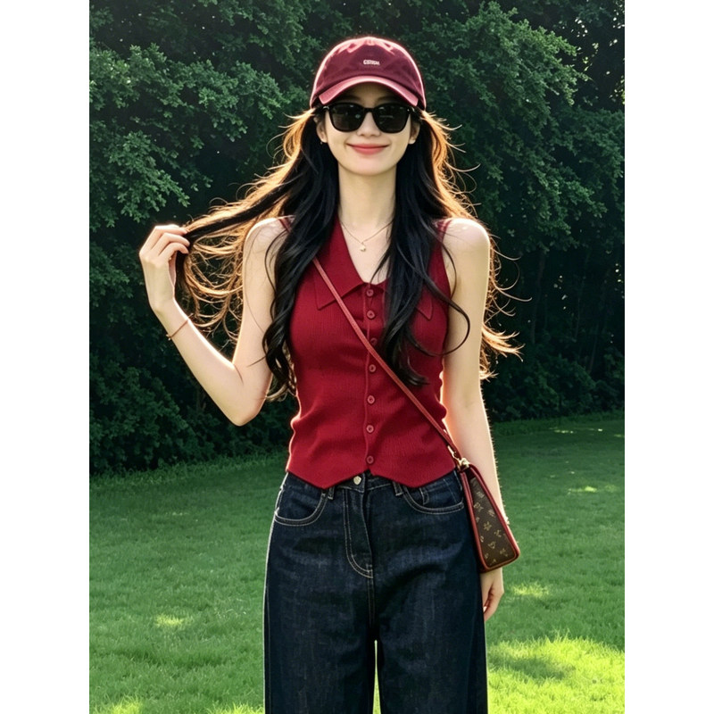 Elegant Red Polo Collar Single-Breasted Knitted Sleeveless Camisole for Women, Summer Stretchy Slim-Fit Top That Enhances Complexion and Looks Youthful